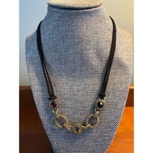 Women's Vintage Lia Sophia Gold Tone Gemstone Necklace Black Cord Adjustable